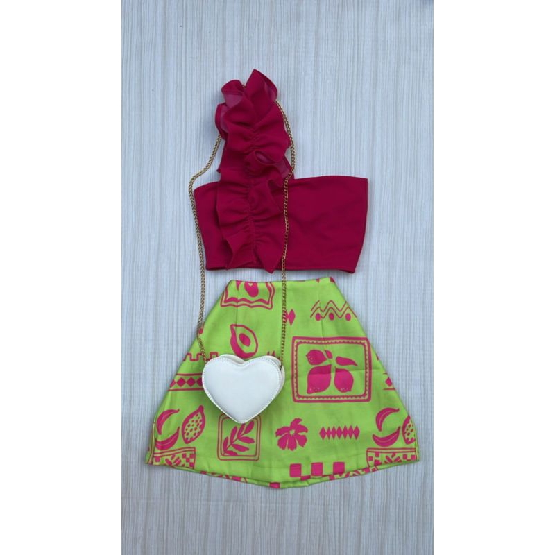 Conjunto de short saia + crooped scuba Short saia estampado paty bengaline grosso de Zíper atrás com  short por dentro