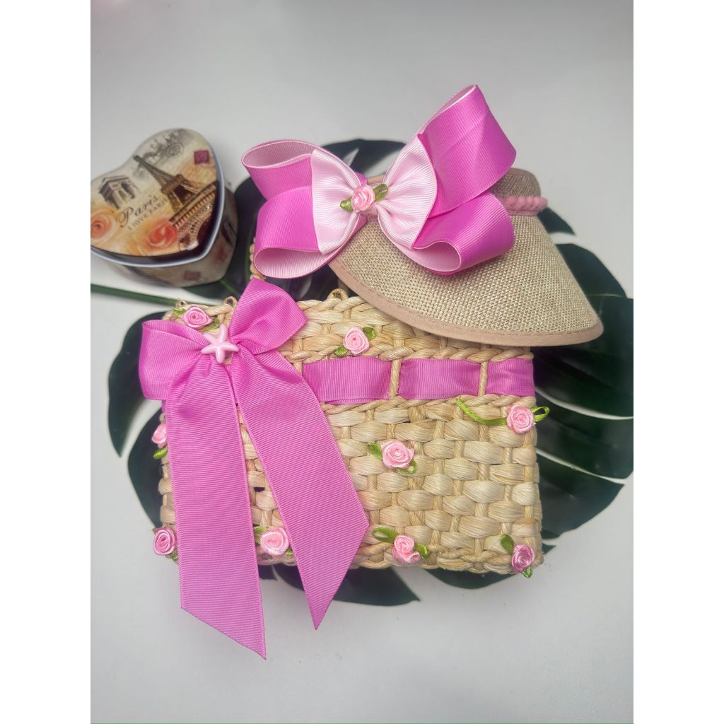 Krica Kids - Kit Praia Infantil Bolsa e Viseira Palha Menina Laço Flor