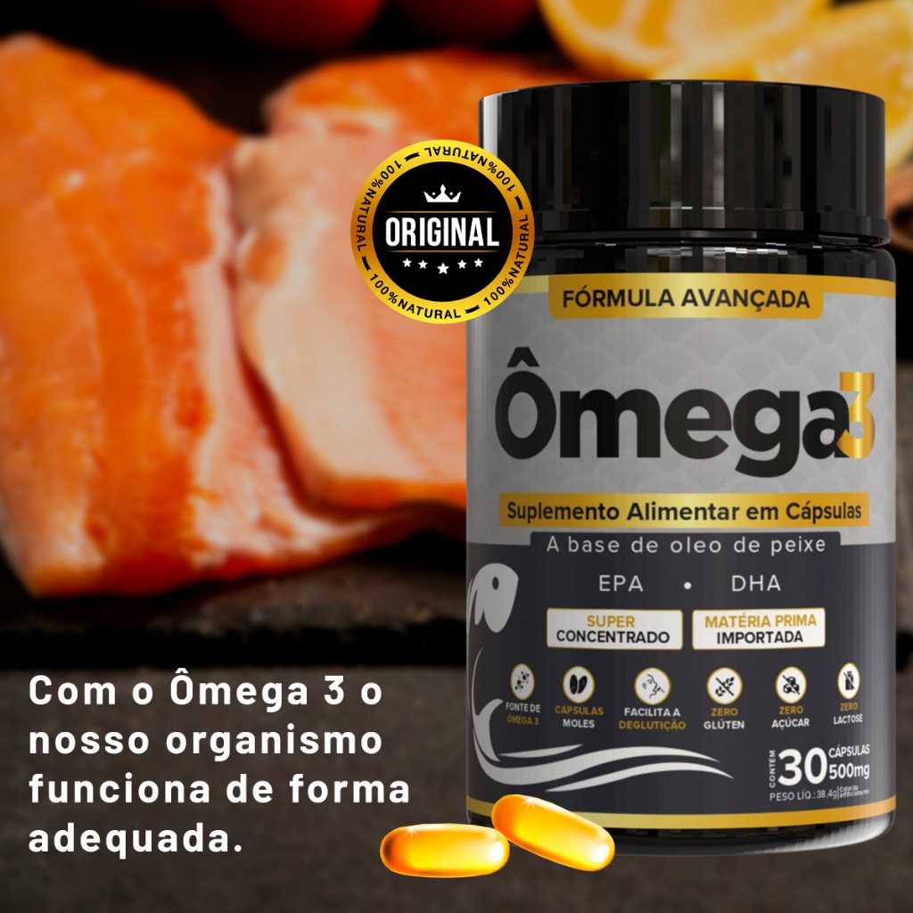 Ômega 3 DHA EPA 500mg com Vitamina E Óleo de Peixe 30 Cápsulas - Suplemento Original