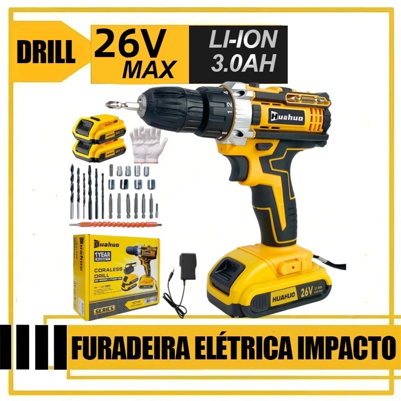 【110V-220V】Parafusadeira A Bateria Furadeira Parafusadeira 26V 2 Baterias Conjunto de acessórios de 24 peças gratuito. em Oferta na Shopee