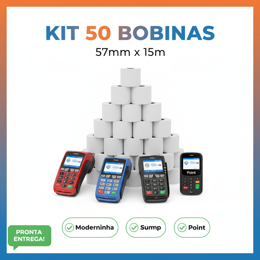 Kit 50 Bobinas Térmicas 57mm por 15metros SUPER ATACADO p/ Moderninha Cielo SumUp