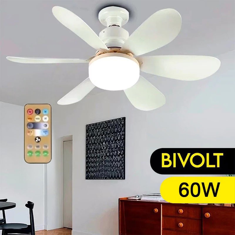 Ventilador de Teto com Lampada LED Integrada Bocal E27 6 Pétalas 60w 3 Velocidades C Contr...