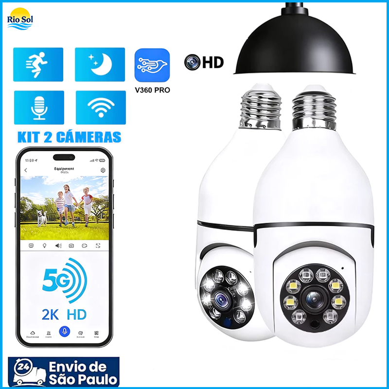 Kit 2 Câmeras segurança wifi ip sem fio 360 encaixe lampada Infravermelho sem fio ptz full HD G4