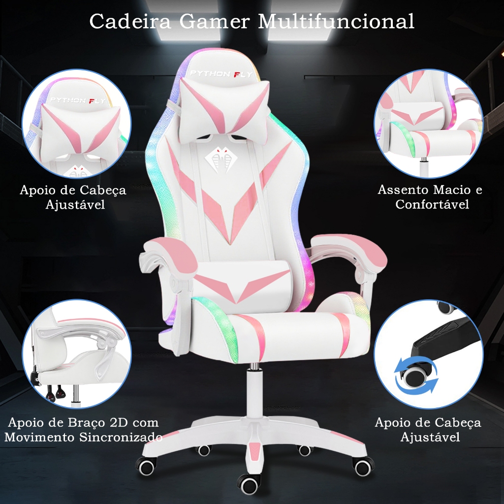 Cadeira Gamer Reclinável RGB LED com Controle, Ergonômica, Giratória, Suporta 150kg, Estofado PU Reclinável Estofado · foto 2