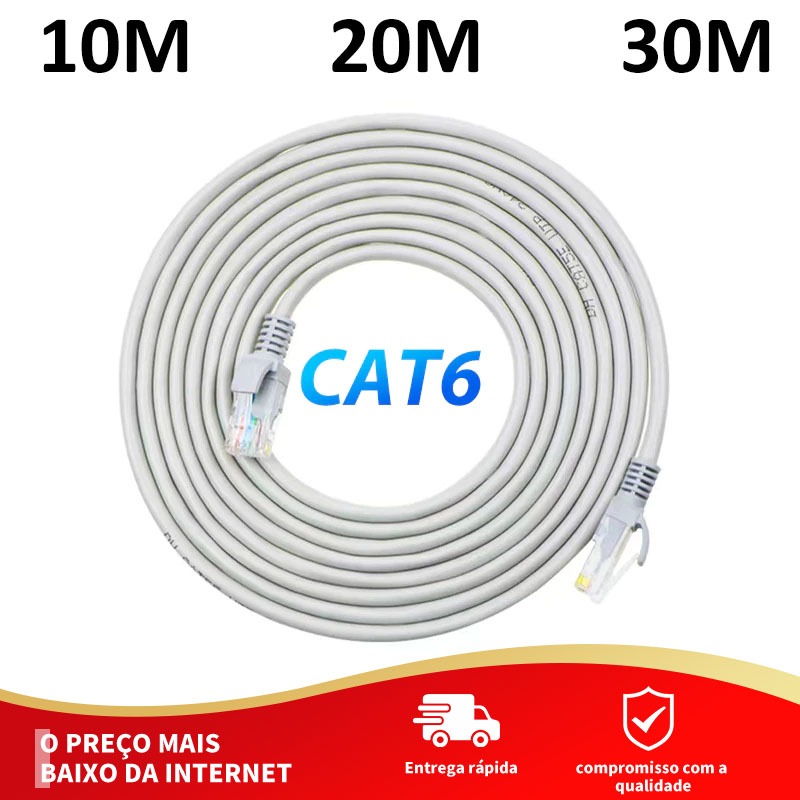 Cabo de Rede RJ45 Cat6 Alta Velocidade para Internet - Disponível em 10M 20M 30M (Interno/Externo)