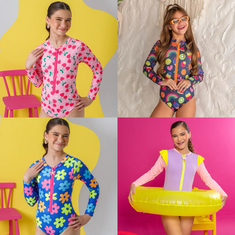 Maiô infantil menina moda praia com proteção UV manga comprida verão roupa de menina em Oferta na Shopee