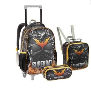 kit Mochila 3pçs Infantil Menino Heróis, SuperBat ,Hotwills Lancheira Térmica Estojo Roda Gel
