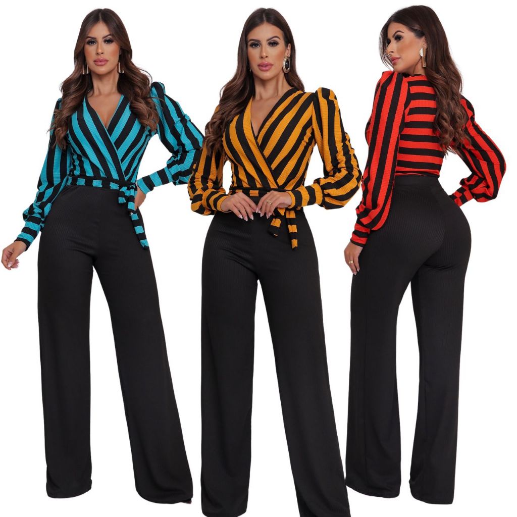 Macacão Feminino Elegante Pantalona Listrado Transpassado ML Moda Social Executiva Festa Sofisticada