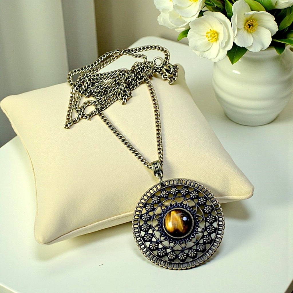 Colar mandala longo olho de tigre ouro velho bijuterias acessorios femininos