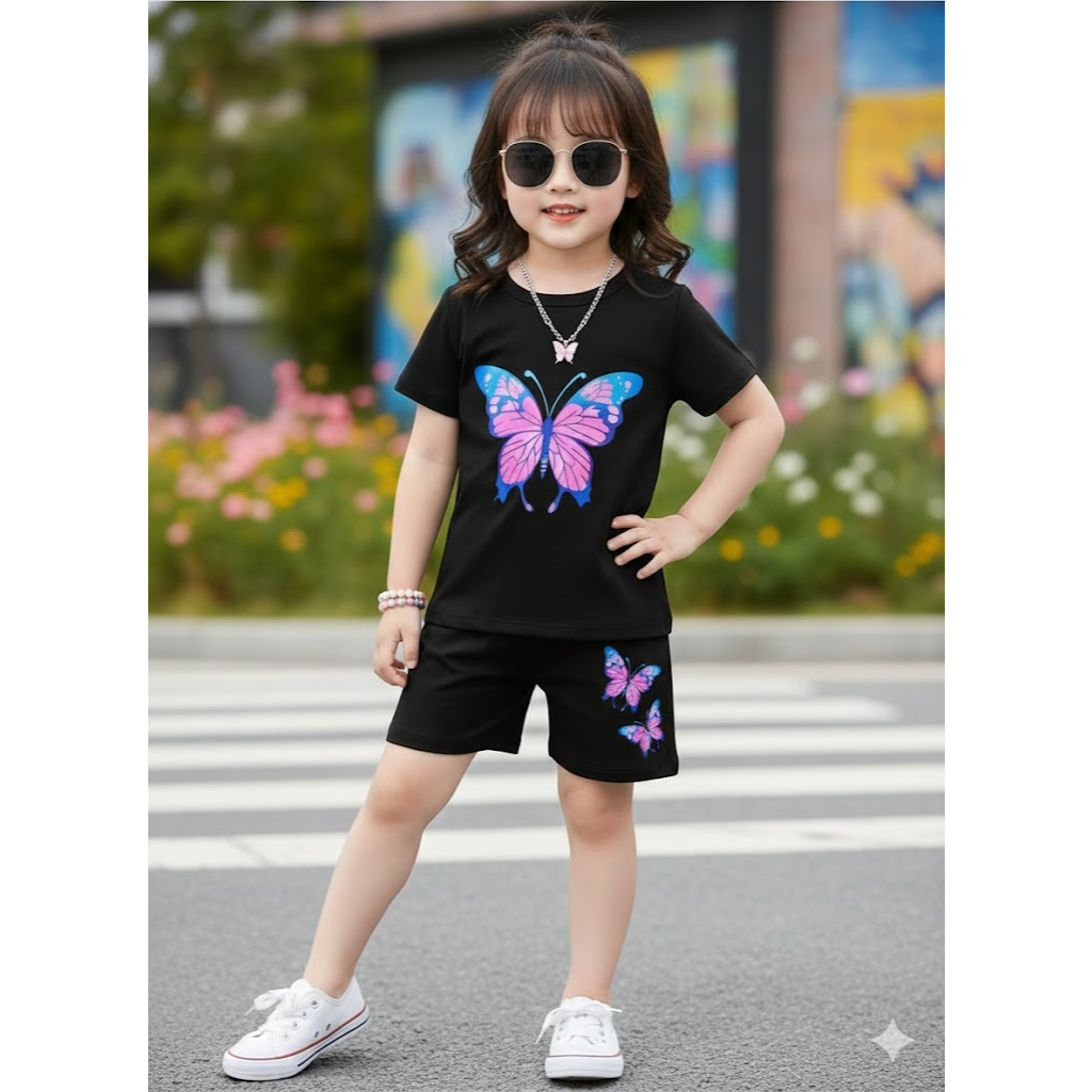 conjunto infantil bermuda ciclista+camiseta confortável e casual borboleta linda