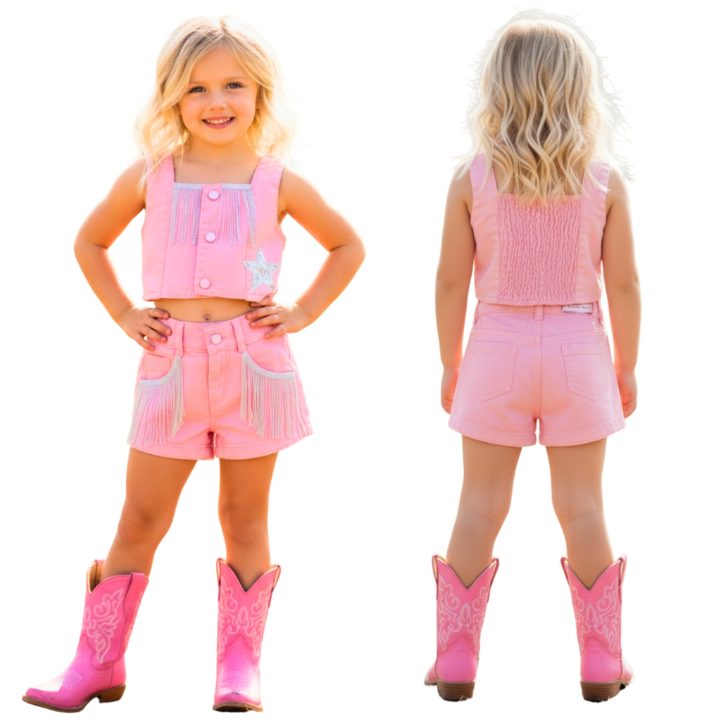 Kit Conjunto Infantil Jeans para Meninas Colete e Short com franjas Boiadeira -Texas- Cowgirl em Oferta na Shopee
