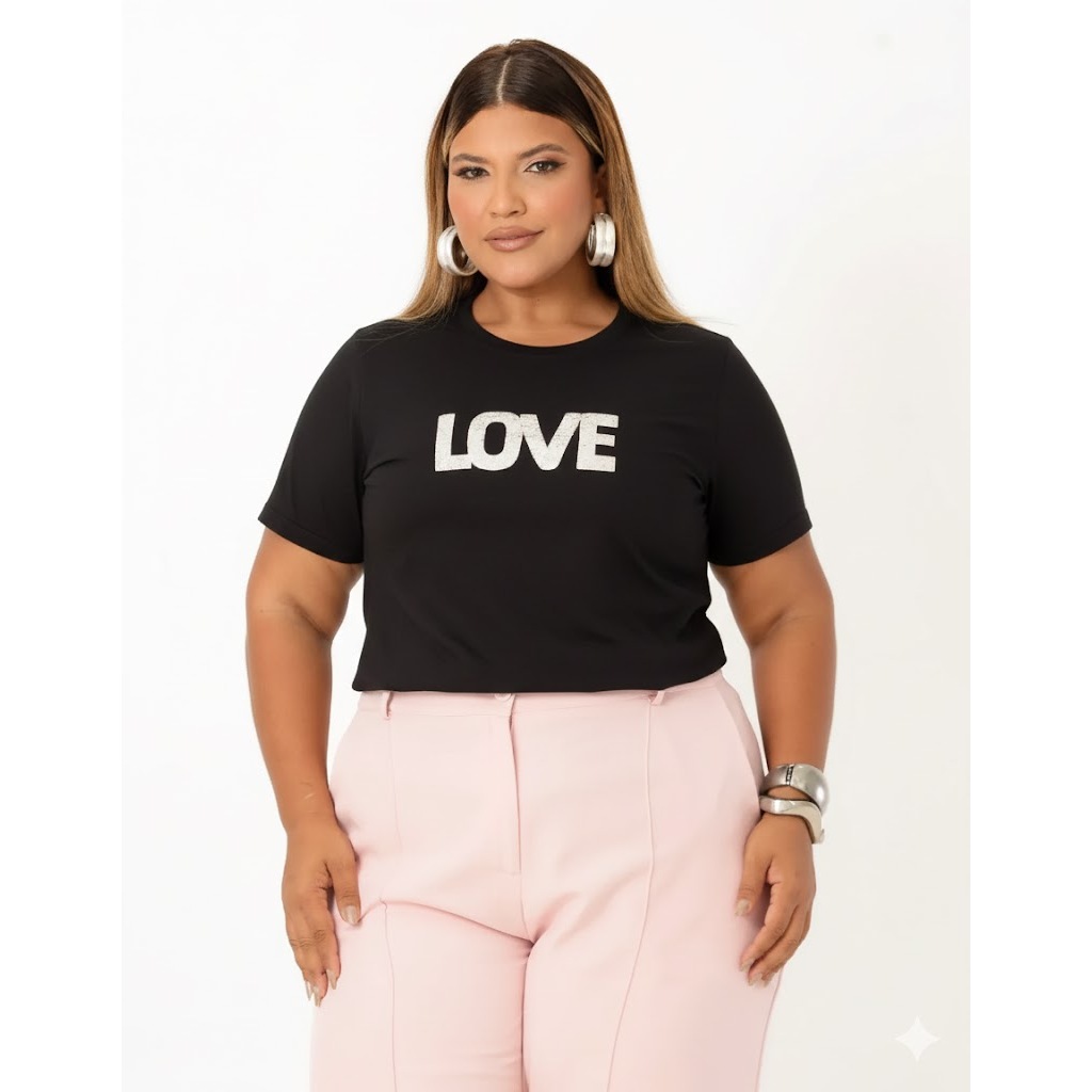 Camiseta Feminina Plus Size LOVE Estampada | Blusa Casual Confortável Manga Curta Moda Feminina