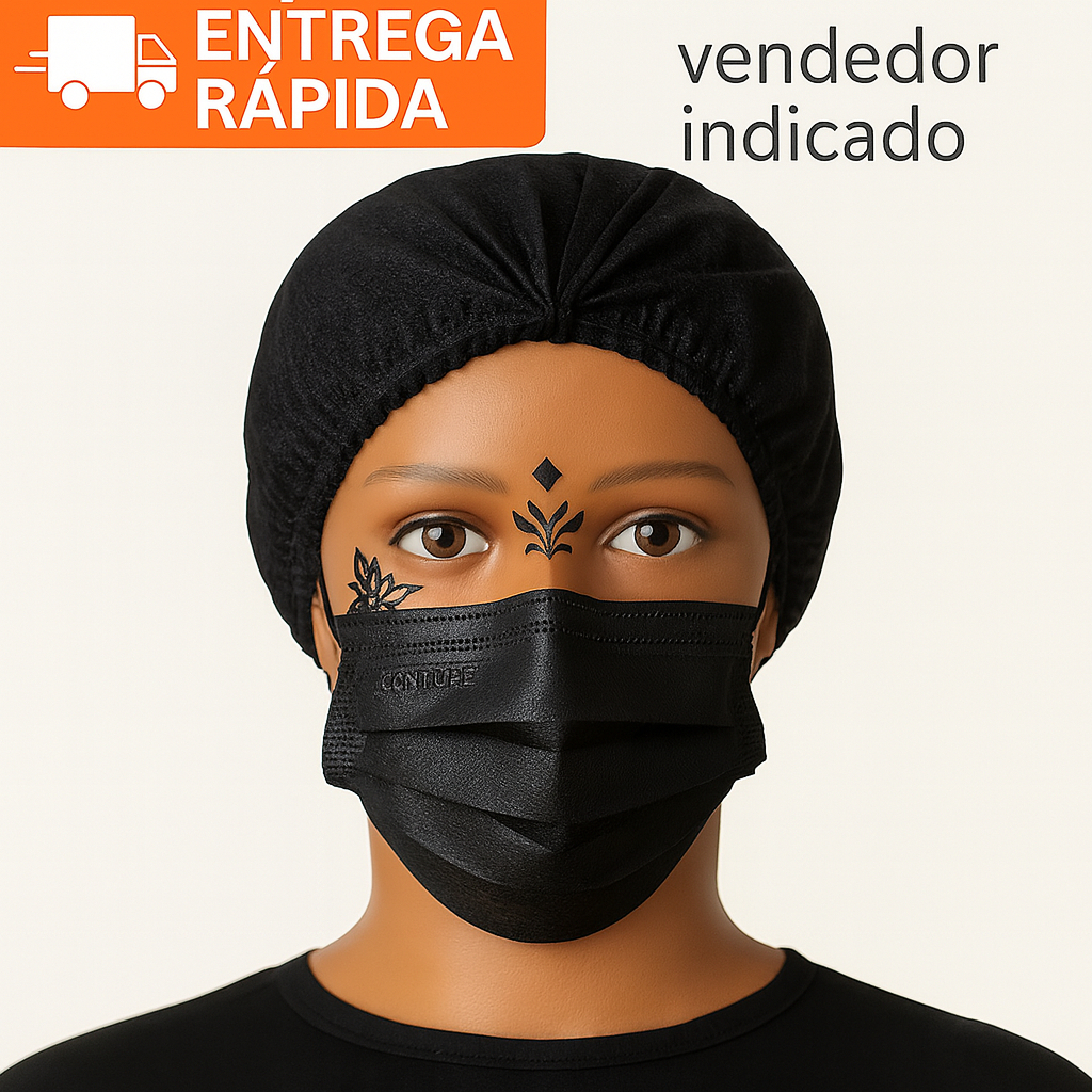 Kit 50 Toucas Pretas + 50 Máscaras Pretas | TNT Premium | Profissional | Tattoo | Estética | Envio Rápido