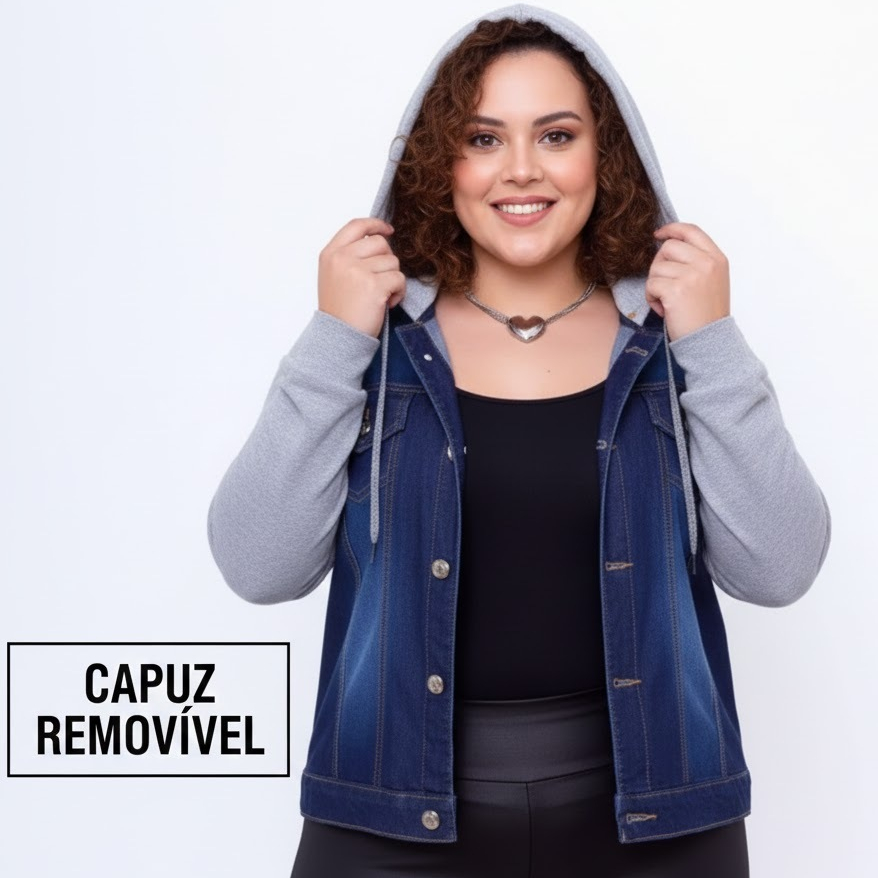 Jaqueta Jeans Moletom Plus Size com Touca