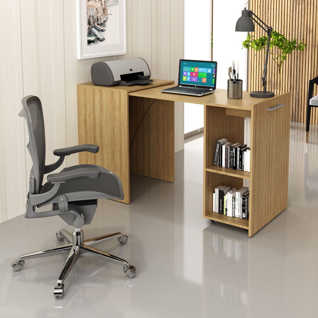 Mesa Escrivaninha Retrátil Dobrável Mdf Com Nichos Para Home Office Compacta E Escritório