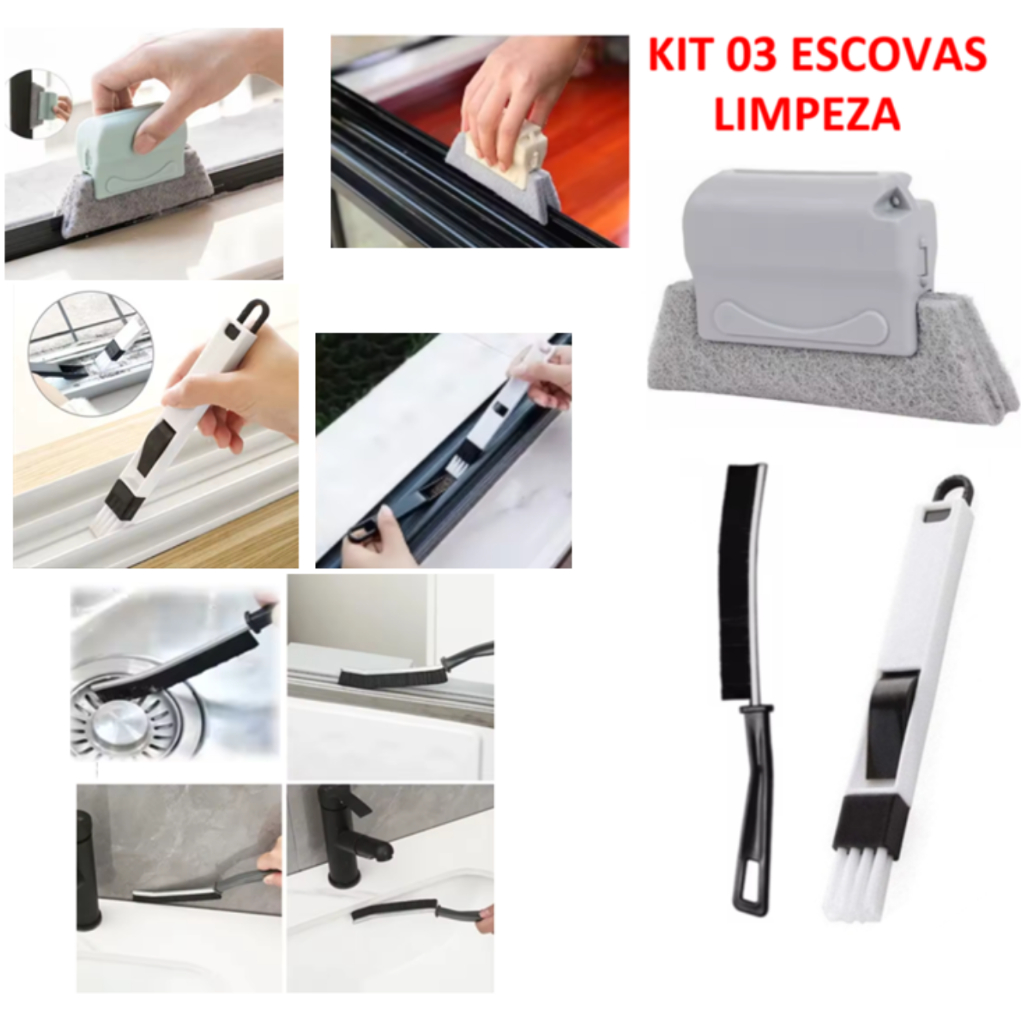 Kit 03 escovas de limpeza Multiuso para  teclado azulejo fresta canto janela fogão pia
