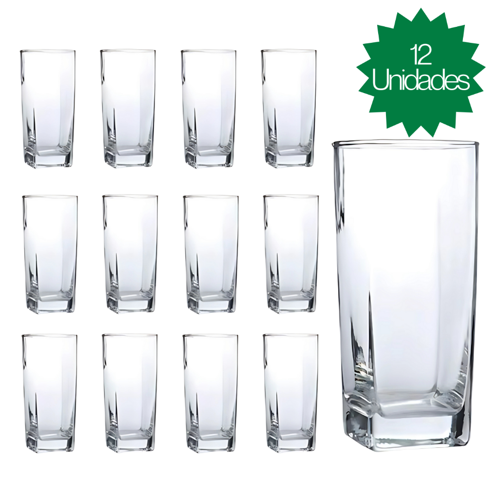 Jogo De 12 Copos 320ml Vidro Bali Quadrado Luxo Transparente em Oferta na Shopee