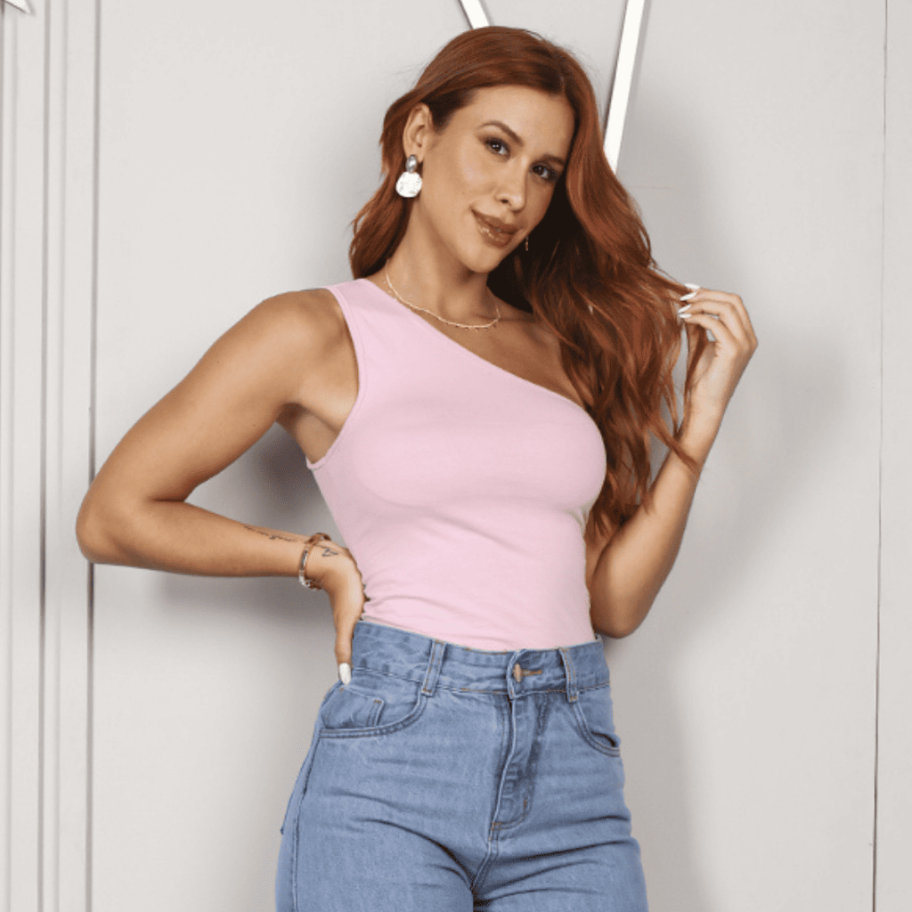 Camiseta Feminina Alça Única Assimétrica Moda Verão Blusa Barata Elastano Academia Fresco Tendência