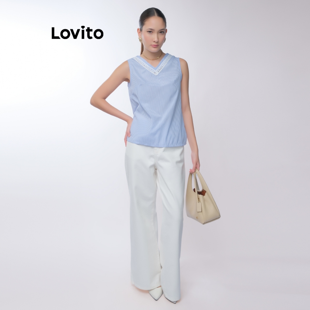 Detalhes do Lovito Blusa Social Listrada com Gola Contrastante de Renda Feminina LB631BRL661