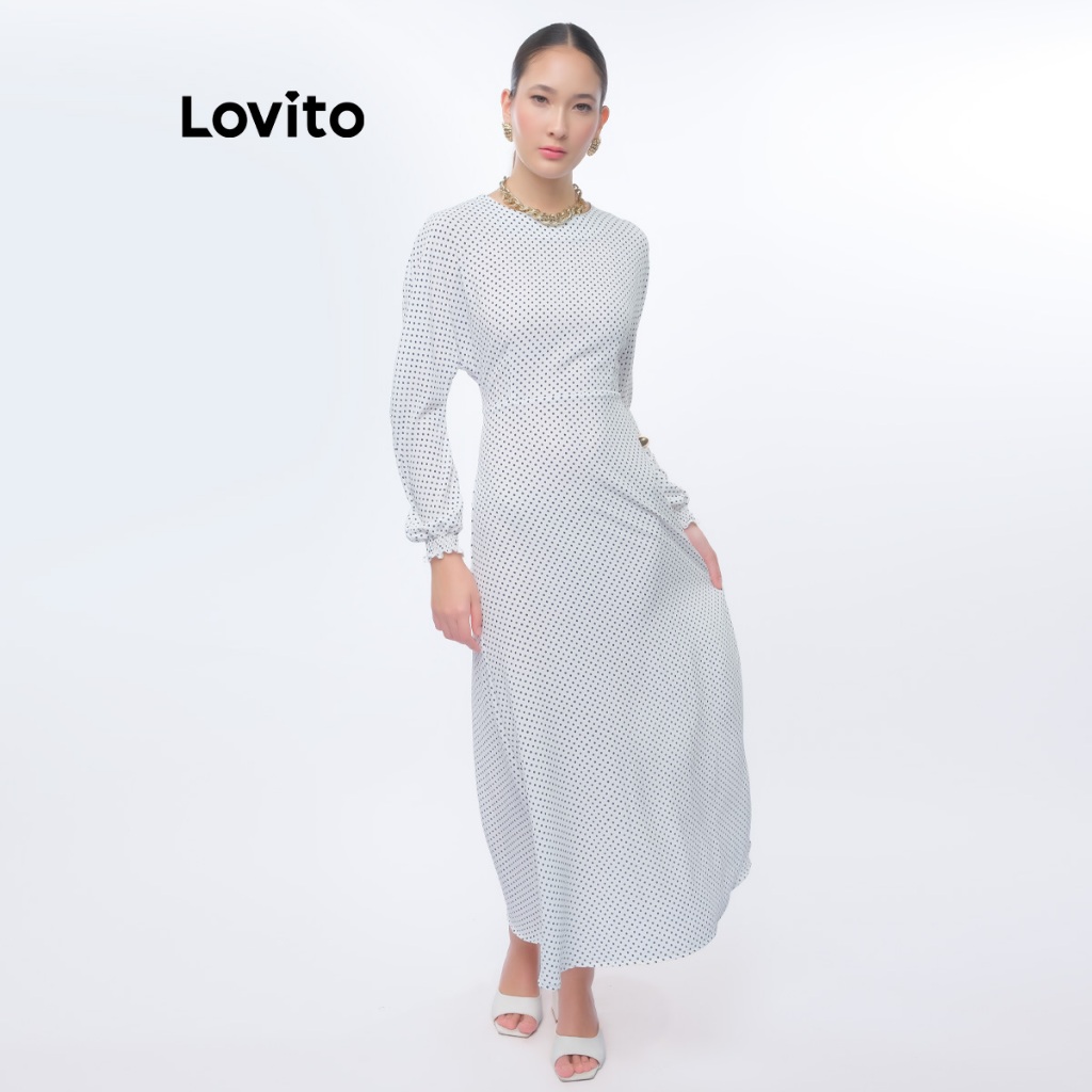 Lovito Vestido Poa Longo Manga Longa Elegante Moda Modesta para Mulheres LB456BRL485 em Oferta na Shopee