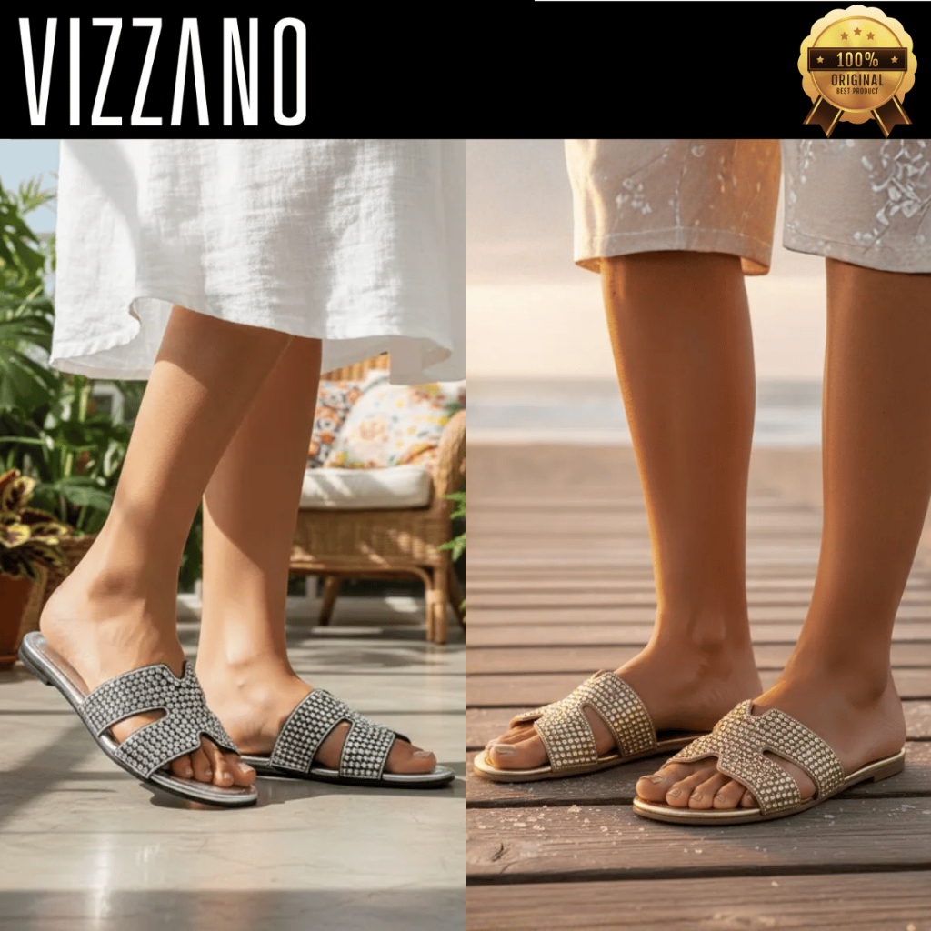 Rasteirinha Vizzano Feminino Luxo Strass Rasteira Brilho Cravejado Tira em H Slide 63711105 Original