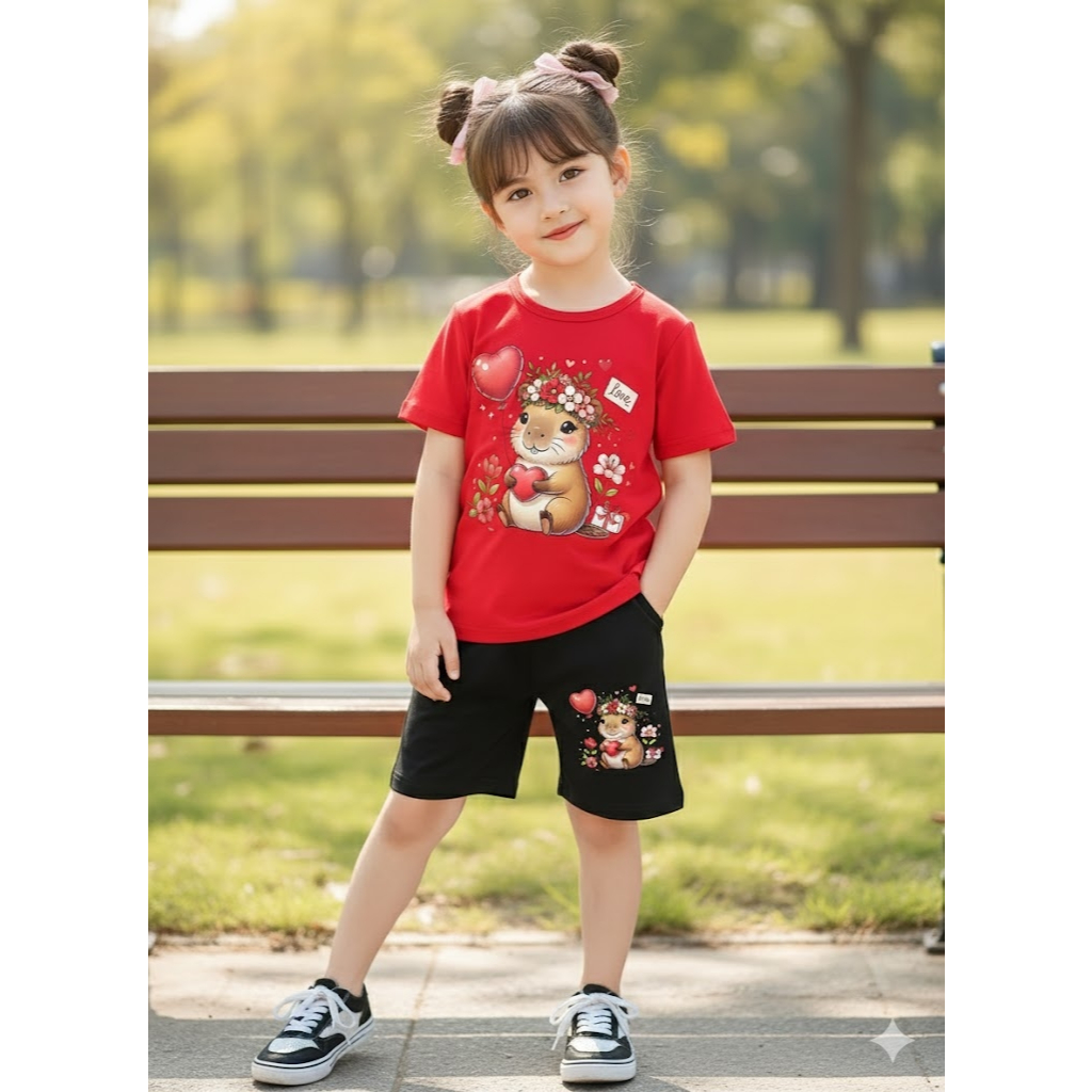 conjunto infantil camsieta+bermuda ciclista look estiloso capivarinha coração