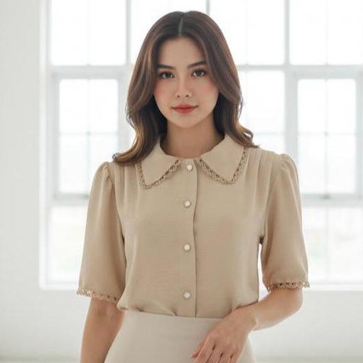 Blusa Feminina Camisa Manga Bufante com Renda e Botão Pérola Moda Evangélica Social Elegante em Oferta na Shopee