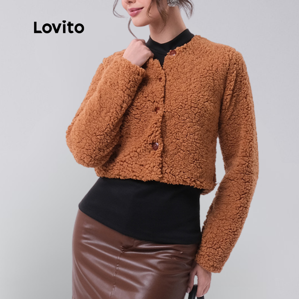 Lovito Casaco Pelinhos Moda Marrom Elegante Liso com Botões Frontais Feminino LB445BRL474 em Oferta na Shopee
