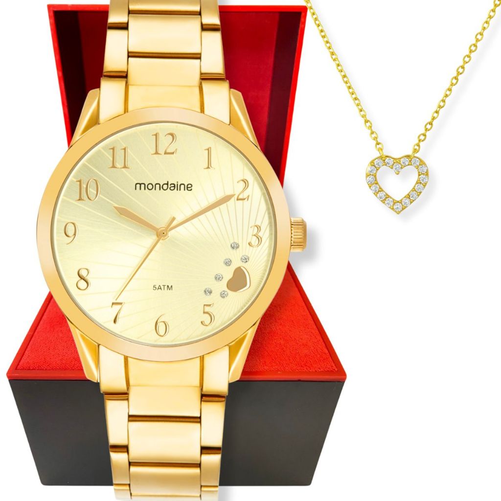 Kit Relogio Mondaine Feminino Dourado Coração Colar 99765lpmvde2 Original Com Garantia Pro...