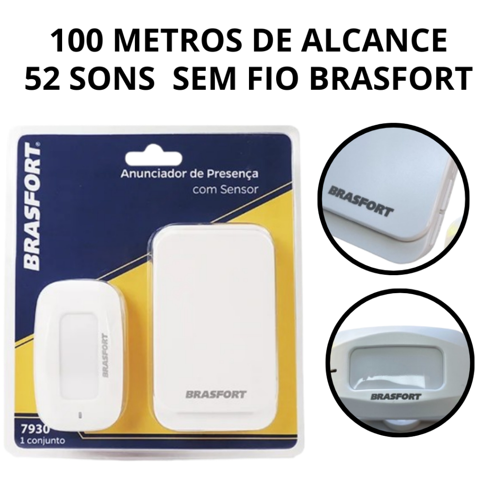 Sensor Anunciador de Movimento com Alerta Sonoro 52 Tons 100 Metros de Alcance Branco Brasfort em Oferta na Shopee