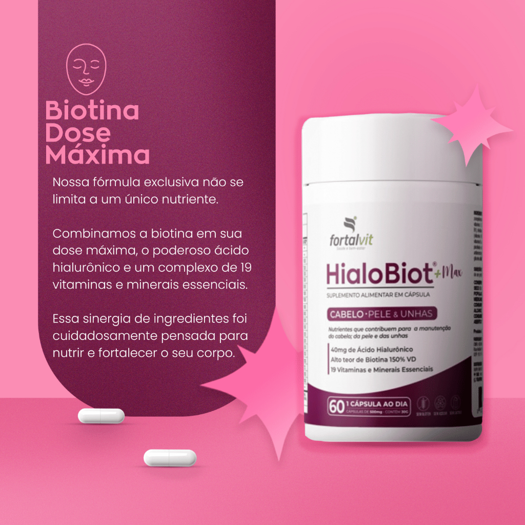 Biotina Dose Máxima Ácido Hialurônico 19 Vitaminas Longa Duração: 2 Meses HIALOBIOT Cabelo Pele e Unhas 60 Caps Fortavit