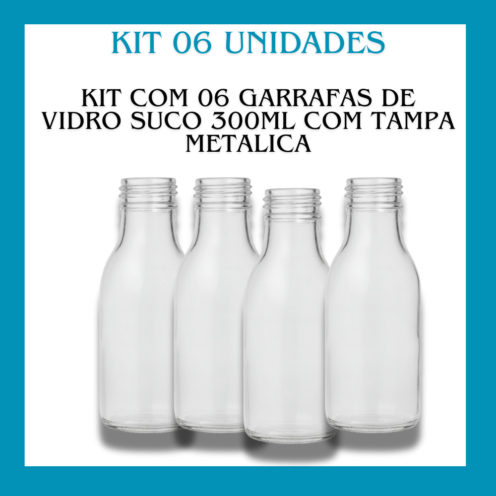 06 Garrafas Vidro Vintage Suco 300ml Com Tampa Metalica