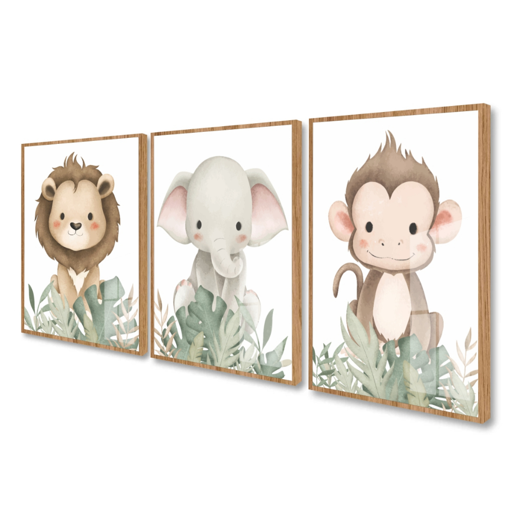 Quadro Moldura e Vidro Kit 3 Peças Animais Safari Fofo Floresta Infantil Decoração Bebê Criança em Oferta na Shopee