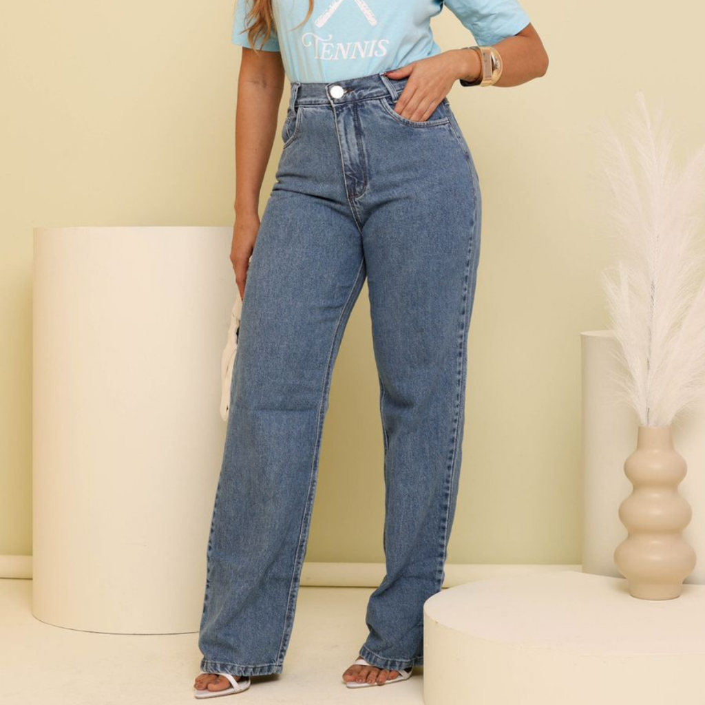 Calça Jeans Wide Leg Feminina Pantalona Cintura Alta Tecido Premium