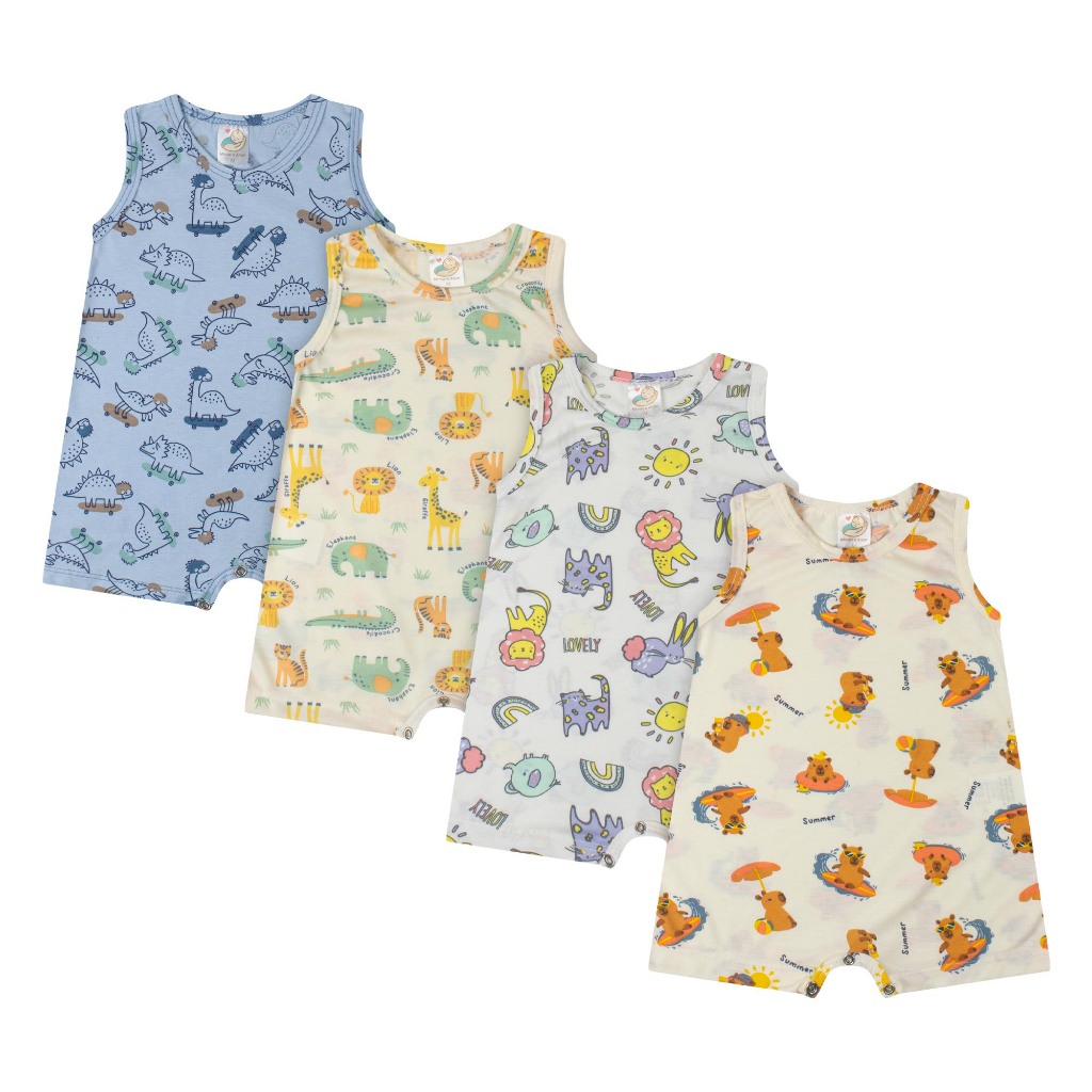 Kit (2 peças P ao 03) ou (4 Peças sortidas P ao 01) Romper Regata Infantil - Zoo Curto Menino/Menina Verão-Tam: P ao 03 em Oferta na Shopee