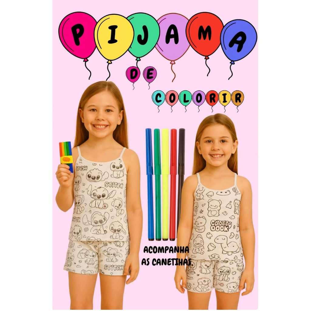 pijama infantil colorir pintar com canetinha diversão presente