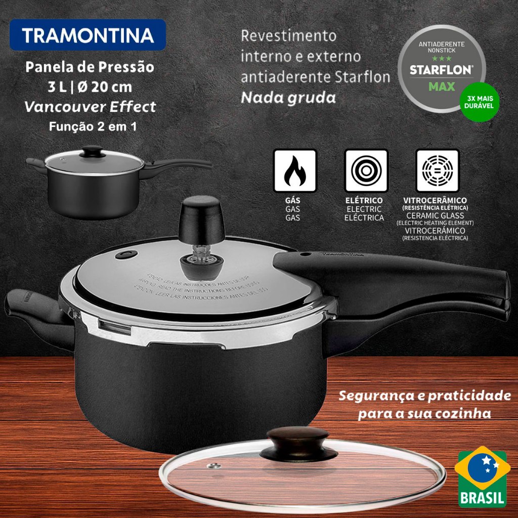 Detalhes do Panela De Pressão 2 Em 1Tramontina Vancouver 3 Lts Preta Com Tampa de Vidro Extra