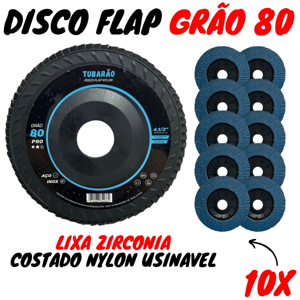Disco Flap 4.1/2 Zirconio Grão 80 G80 Kit 10 Peças Tubarão