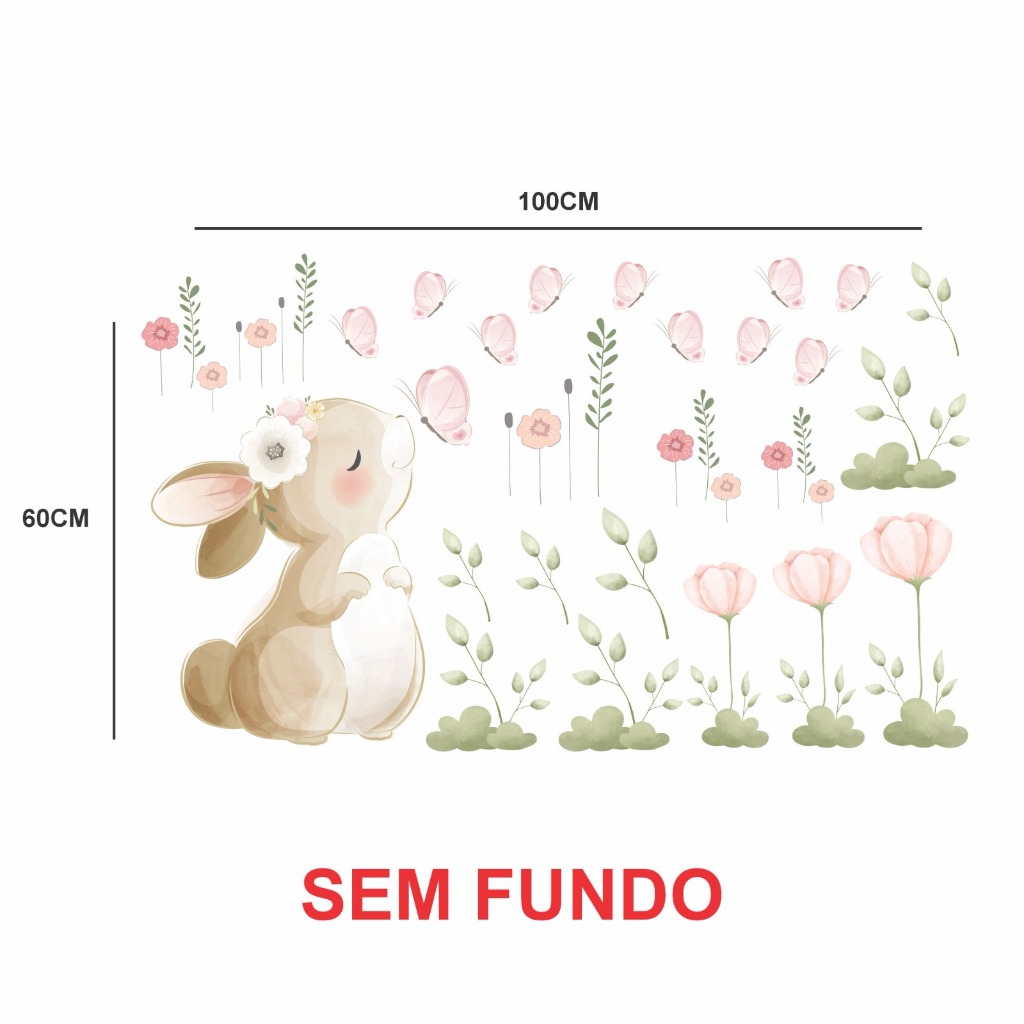 Adesivo de Parede em Recorte sem fundo coelhinha e flores 100x60cm - GVS DECOR em Oferta na Shopee