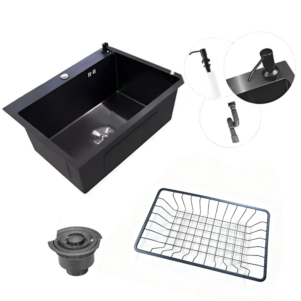 Pia quadrada de aço inoxidável 60x45, pia gourmet, prata escovada/preta (inclui acessórios)