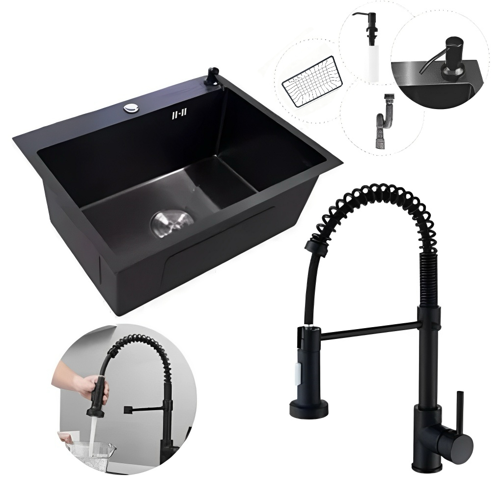 Cuba Pia Inox Quadrada Cozinha 60*45*20+ Torneira Flexivel Preta em Oferta na Shopee