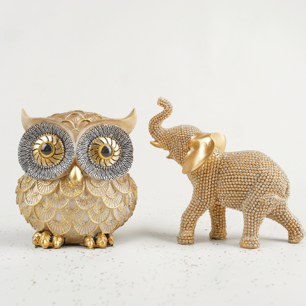 Kit Arquétipos Coruja + Elefante Dourado Decoração Enfeite Sabedoria Espiritualidade Ganesha