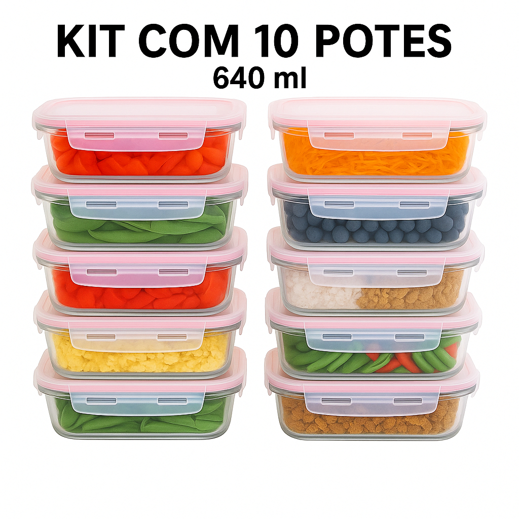 Conjunto 10 Potes Vidro Hermético Travas  Mantimentos Marmita 640ml  Microondas