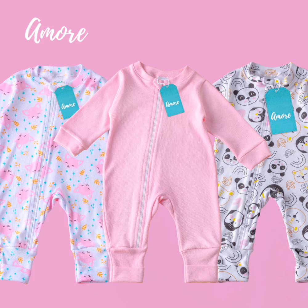 Kit 3 Macacão Amore Enxoval Bebê Amiguinhas Da Selva Menina 100% Algodão