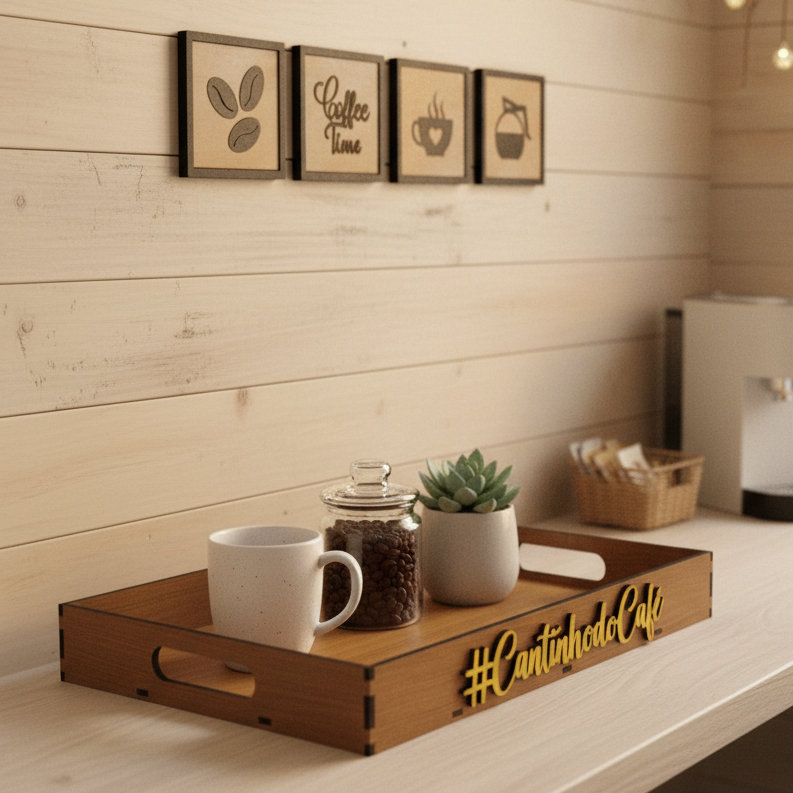 Bandeja Cantinho Do Café Com 4 Quadrinhos Placas Decorativas Enfeite Mesa Cozinha