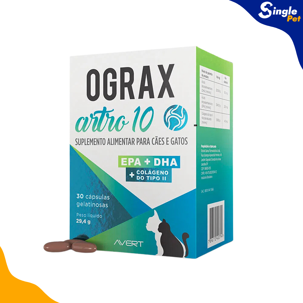 Suplemento Alimentar Avert Ograx Artro 10 para Cães e Gatos - 30 cápsulas - com Ômega 3