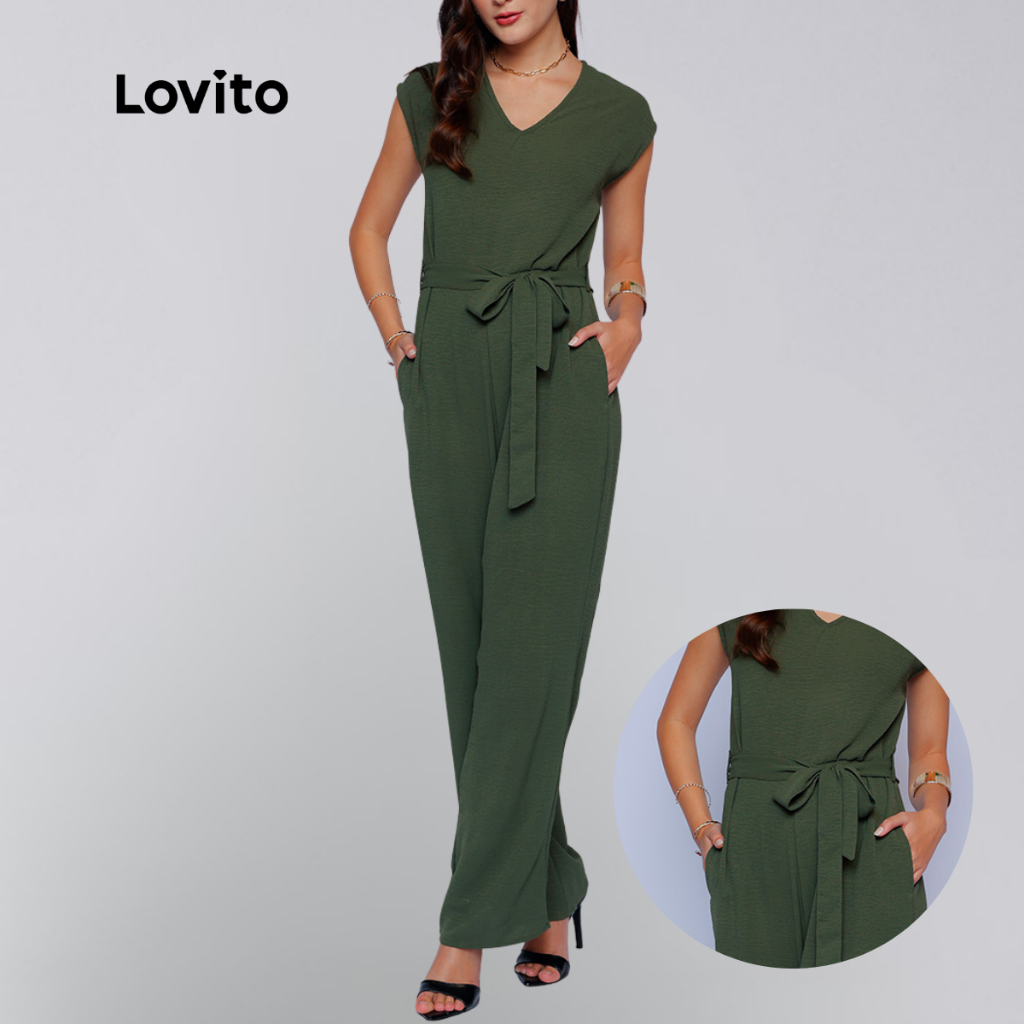 Lovito x Glenda Macacão Sem Manga Verde Longo Alfaiataria com Bolsos Moda Elegante Liso Feminino LB911BRL941