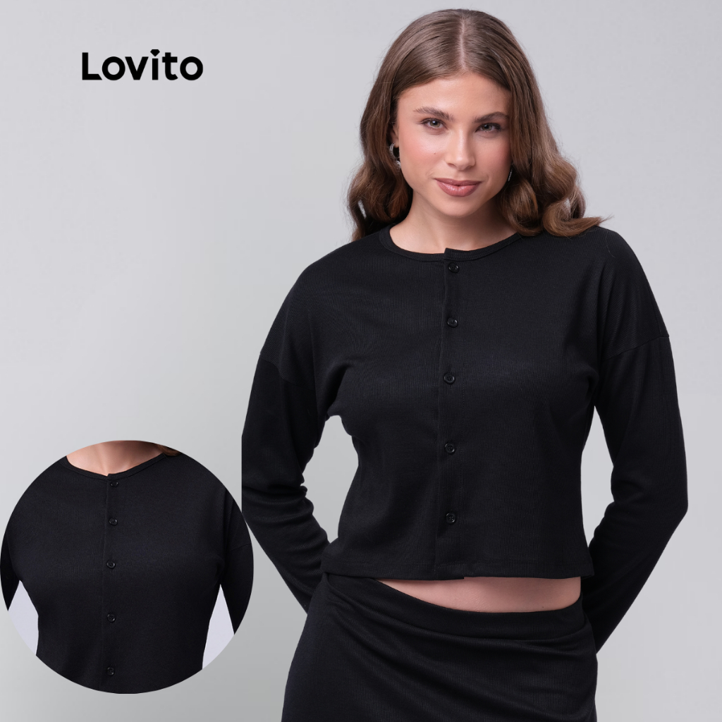 Lovito Cardigan Feminino Manga Longa Gola Canoa Botões Frontais Tricot Manga Longa LB474BRL504 em Oferta na Shopee