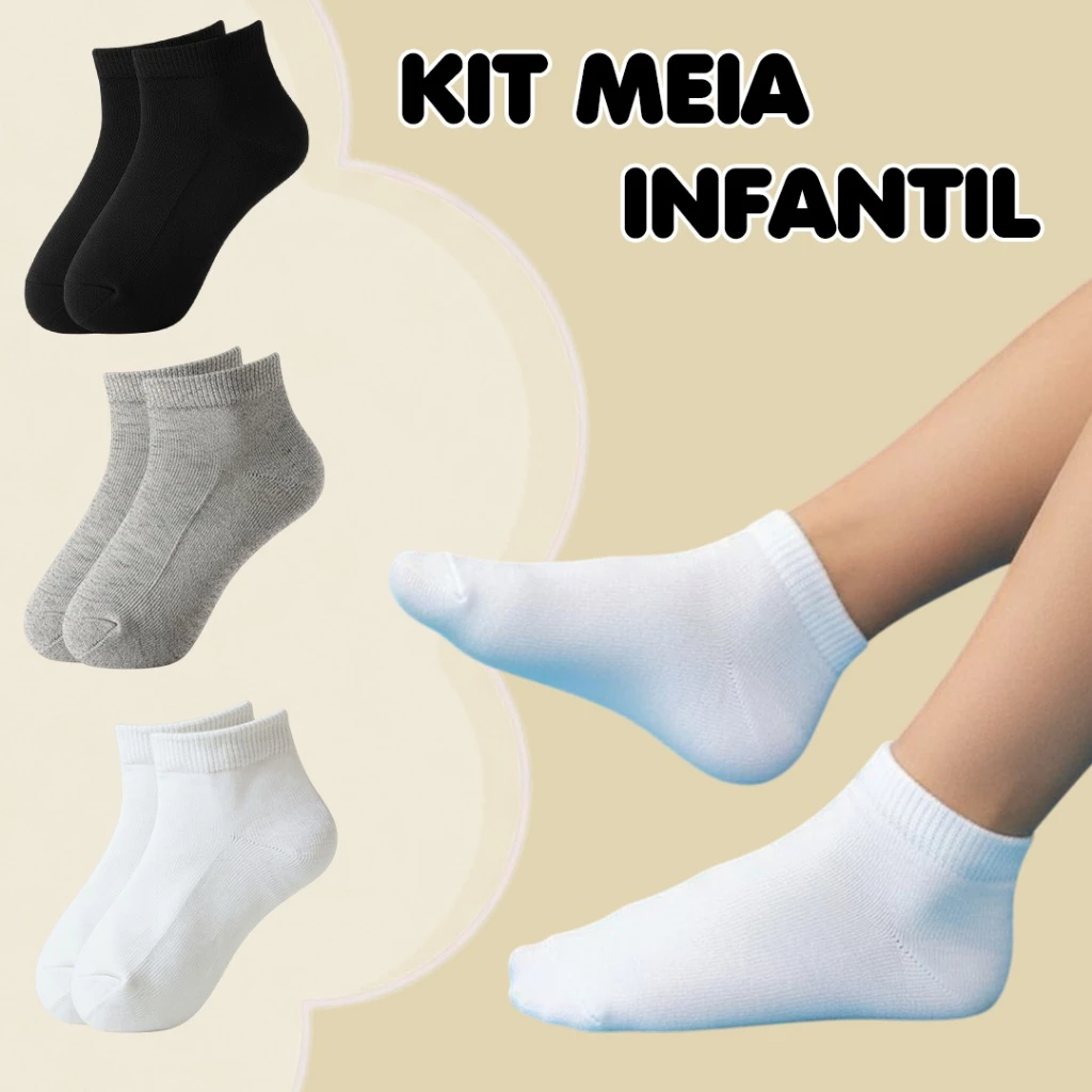 Kit 12 ou 6 Pares Meias Infantis Juvenis Cano Curto Soquete Algodão Escolar Menino Menina 24 ao 37