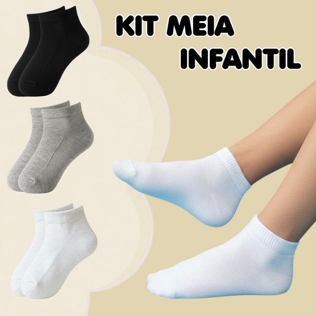 Kit 12 ou 6 Pares Meias Infantis Juvenis Cano Curto Soquete Algodão Escolar Menino Menina 24 ao 37
